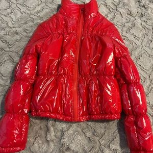 Red leather puffer jacket